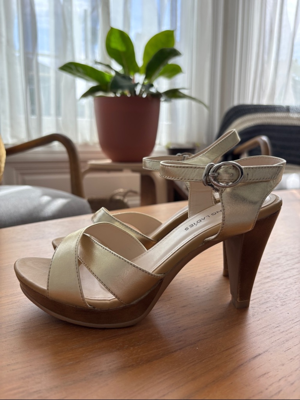 Metallic Gold Platform Ankle-Strap Heel Sandal